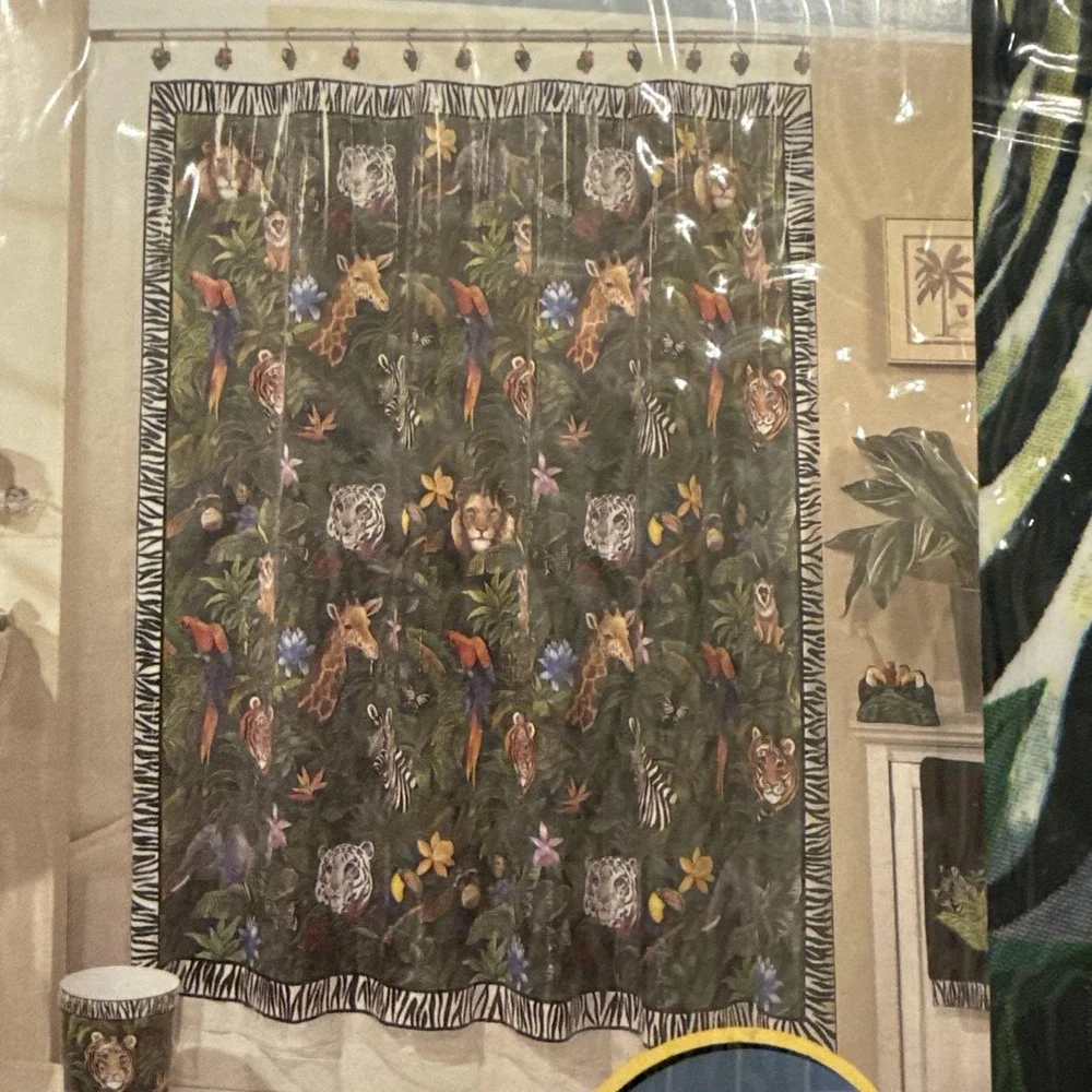 Vintage Essential Home Rainforest Shower Curtain Vinyl Zebra Giraffe‎ Lion NEW